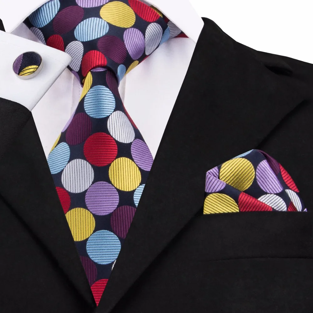 SN 1401 Rainbow Color Mens Ties Pocket Square Cufflinks Polka Dot Neck