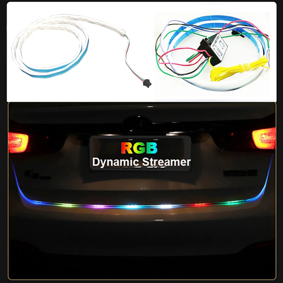 

120cm Car Styling RGB LED Strip Lighting Rear Trunk Tail Light RGB Dynamic Streamer Brake Turn Signal Leds Warning Lights Strips
