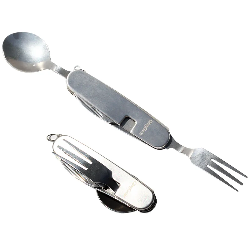 Stainless Steel Folding portable Camping Cutlery Tool Detachable Outdoor Travel Eating Utensils Set with Holder Sheath
