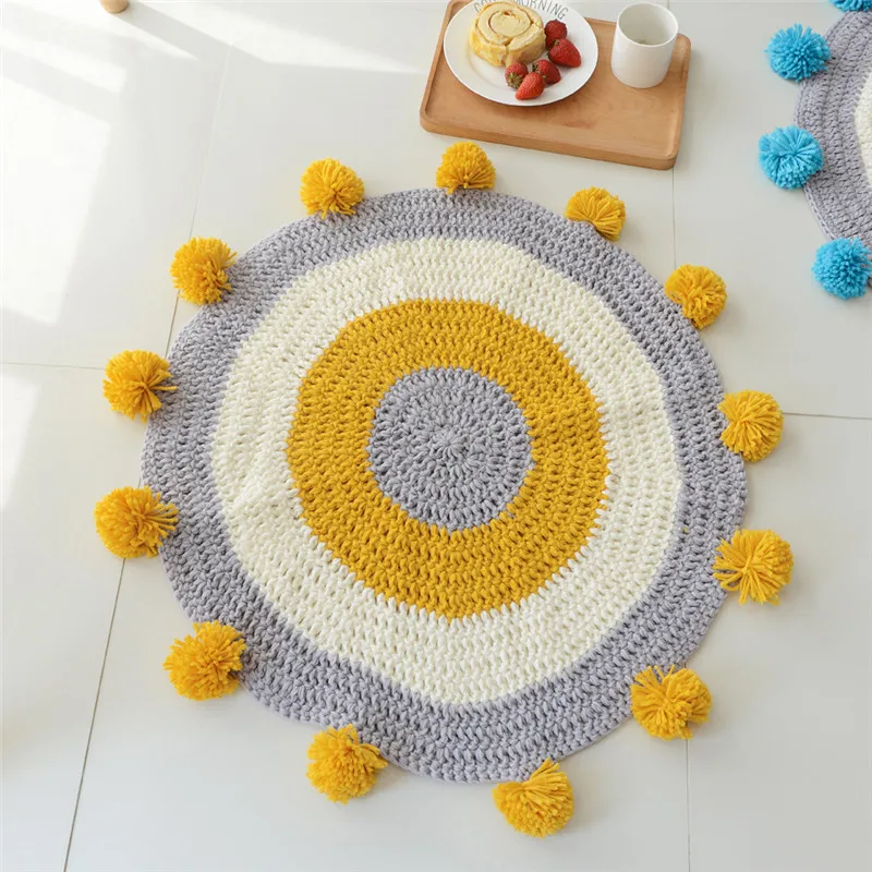 Круглый ковер ручной работы, Круглый вязаный коврик с помпоном для детей, игровой коврик желтого, серого, синего цвета, 80x80 см, для детской комнаты, гостиной