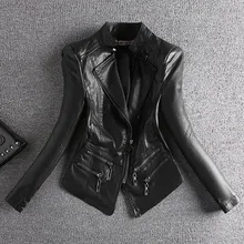 Кожаная куртка женская с длинным рукавом Короткая длина сплошной воротник стойка молния тонкая стандартной толщины Офисная Леди