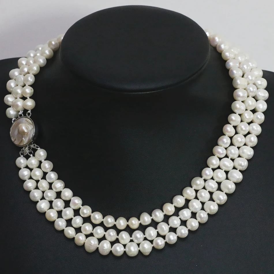 7 8mm natural white freshwater pearl 3 rows necklace round beads mother ...