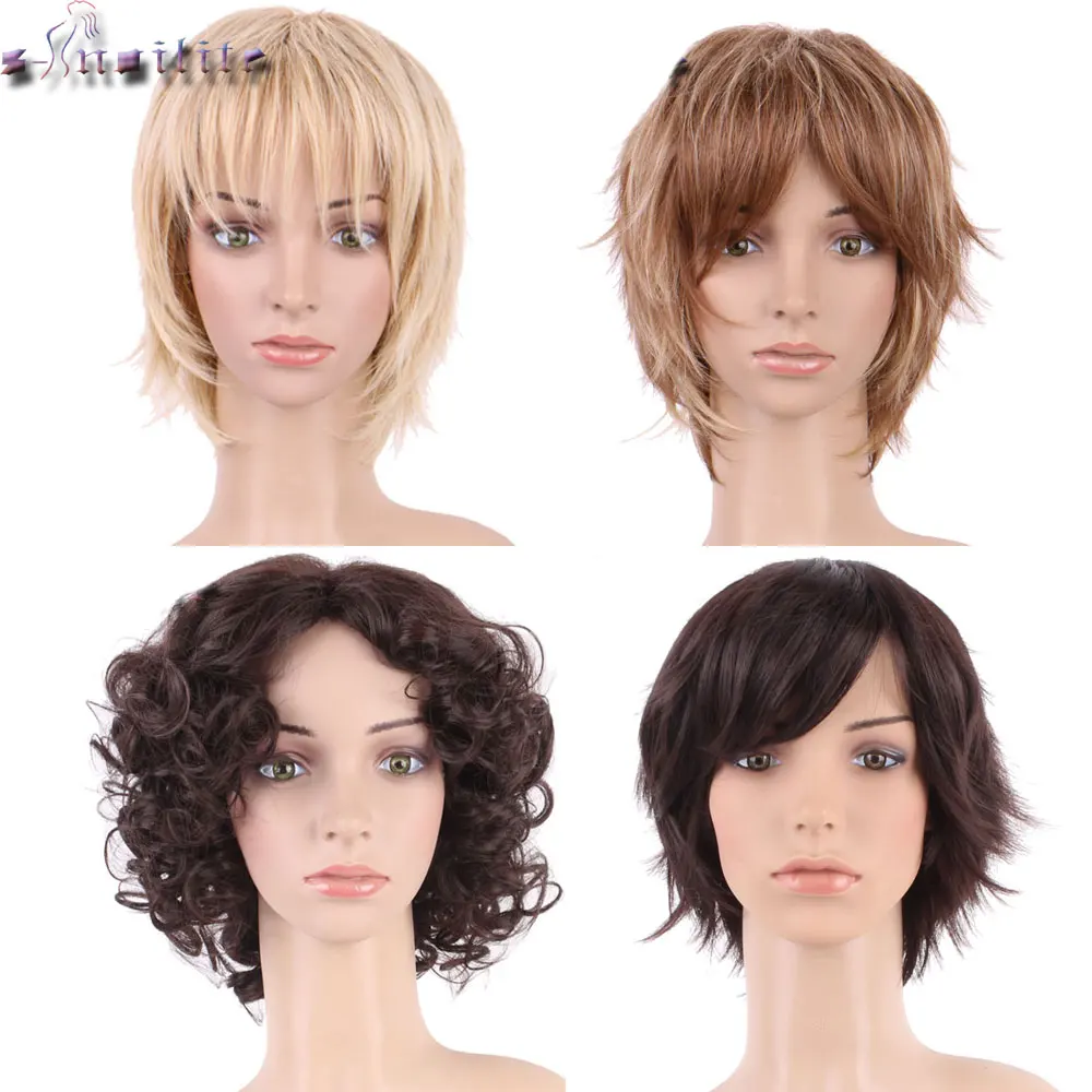 

S-noilite Hair Short Black Mix Wig Natural Straight Synthetic Wigs For Black Women Heat Resistant Female Hair Pieces
