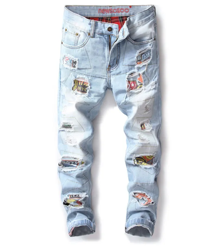 Men Jeans Stretch Destroyed Ripped Design Fashion Badge Patchwork Skinny Jeans For Man Slim Fit Biker Holes Cotton Denim Pants