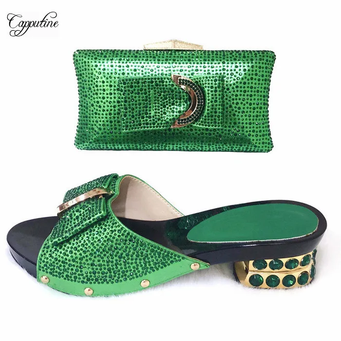 

Latest green medium heel African slipper shoes and purse bag set with rhinestones CSB13