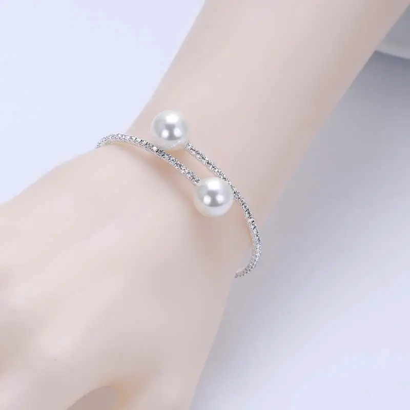 Elegant Crystal Imitation Pearl Open Bracelets for Women Gold Silver Plated Cuff Bangles necklace set Pulseras Mujer Jewelry 3