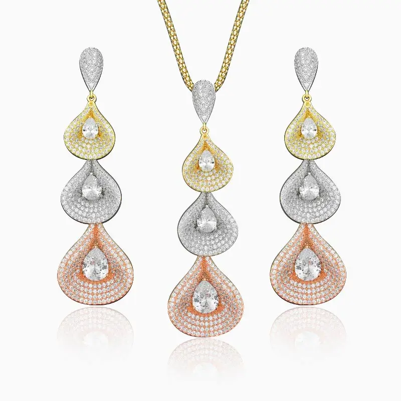

Newness AAA Cubic Zirconia Copper Luxury Three Water Women Engagement Bridal Necklace Earring Dubai Jewelry Set