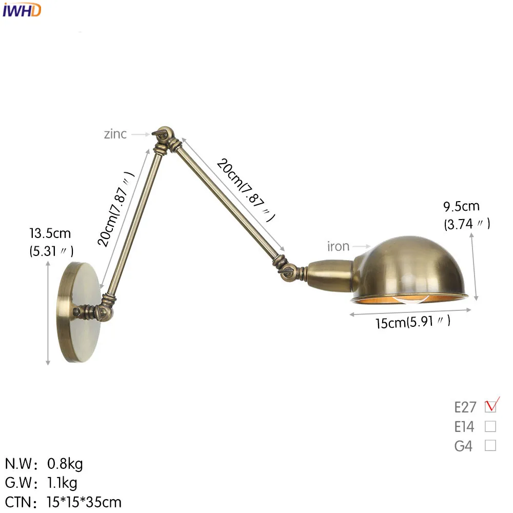 IWHD серебро Лофт Стиль Винтаж светодиодный настенный светильник Ванная комната Спальня Ретро Регулируемый качели длинные руки настенный светильник Эдисон Aplique сравнению - Цвет абажура: Green Bronze