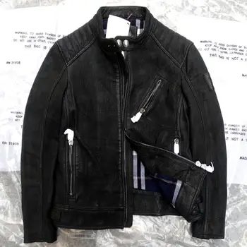 

New arrival Italy men's genuine cowhide sheepskin leather coat vintage short jacket cotton lining black plus size xxxl 2xl 3xl