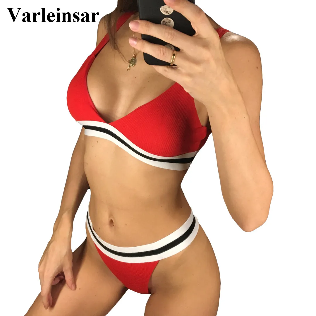 

NEW 2019 Padded Brazilian Bikini Female Swimsuit Women Swimwear Two-pieces Bikini set Ribbed Bather Bathing Suit Swim Lady V1015