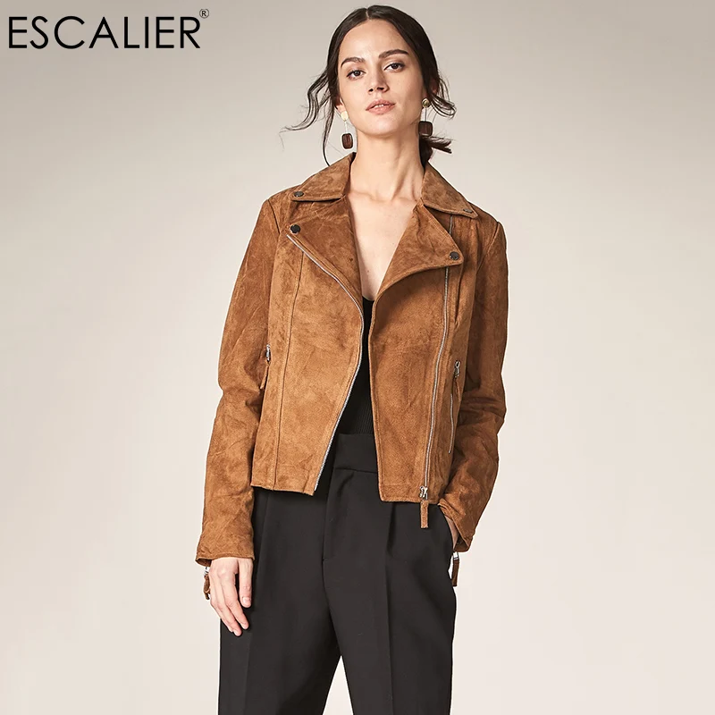 Koop Escalier 2017 Mode Echt Leren Jas Vrouwen Rits Slanke Motorfiets Bovenkleding Jassen Turn down Kraag Basic Jassen