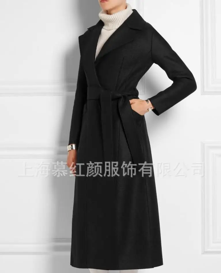 Winter Women turn down collar Black Woolen Maxi Long Coat Slim Belt Robe wool blends Overcoat