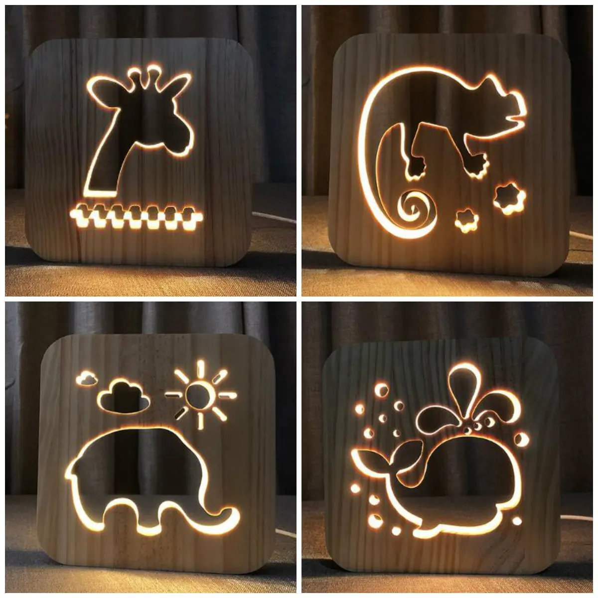 

Animal Wooden 3D Night Light Decor Nightlight Elephant Giraffe Chameleon Dolphin USB DIY Customize LED Lighting Gift IY801101