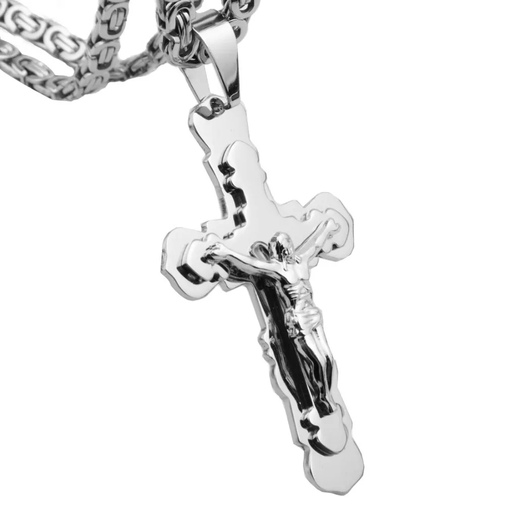 Новая Мода 316 нержавеющая сталь Мужская высокого качества Серебряный крест кулон ожерелье с 6 мм 18-30 дюймов византийский звено цепи