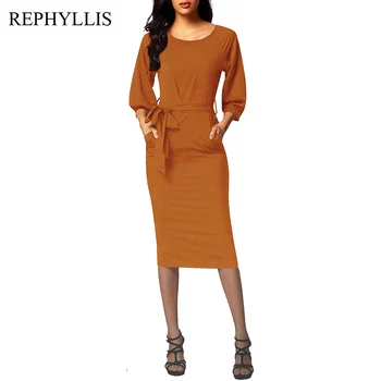 

REPHYLLIS Elegant Office Lady Work Dress Women Round Neck 3/4 Lantern Sleeve Belt Pocket Bodycon Casual Party Pencil Midi Dress