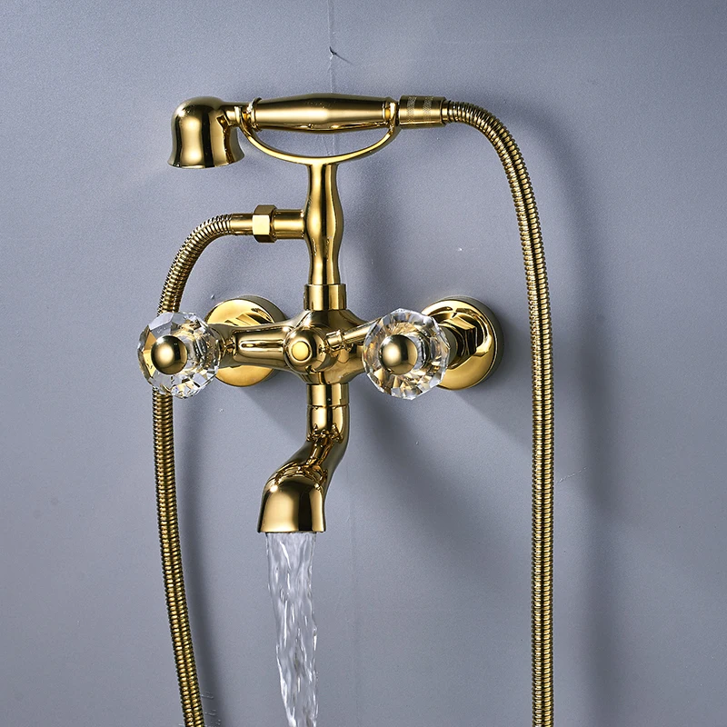 Настенные краны золотой двойной контролируемый кран для ванной костюм холодный и горячий Керамический клапан ручной душ смеситель