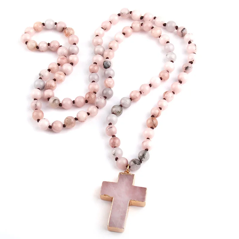 Модное богемное этническое ювелирное изделие, розовые камни, бусины, завязанные крестом, ожерелье с кулоном для женщин
