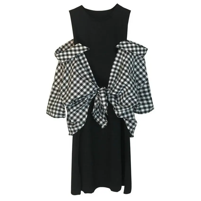 

Stylish Women Dresses Fake 2PCS Robe Femme Black Check Pattern Dress Woman Casual Off Shoulder Dress False Two-piece Dresses 4XL