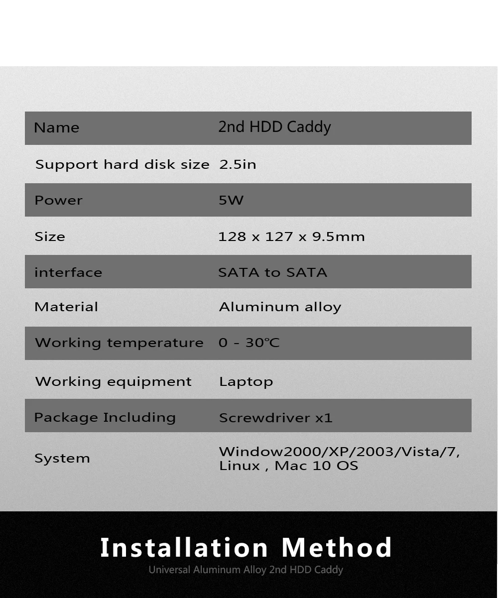 2nd HDD Caddy SATA 3,0-SATA 2," чехол для SSD, HDD 9,5 мм Универсальный алюминиевый металлический материал для ноутбука ODD CD-ROM DVD-ROM OptiBay