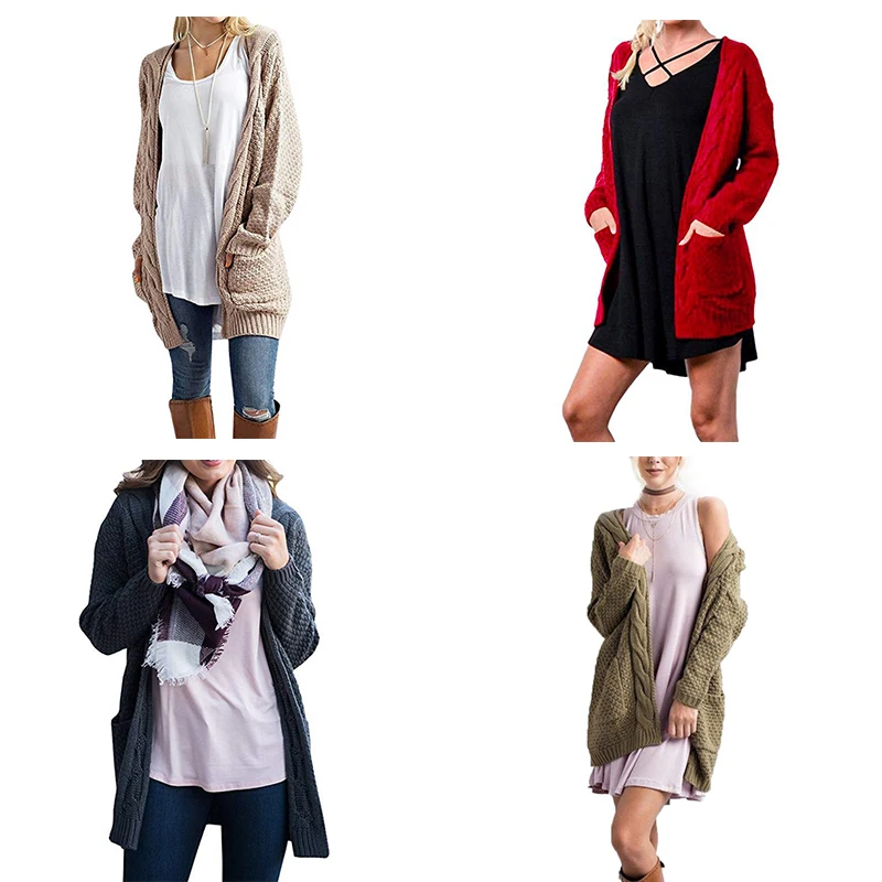 Женский свитер, кардиганы, длинный рукав, карманы, однотонный вязаный длинный кардиган, Осень-зима, женские свитера