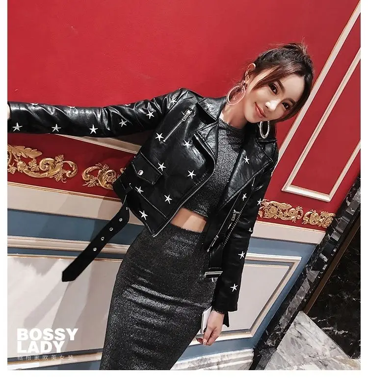 

2019 spring new five-pointed star long-sleeved locomotive PU leather jacket coat female
