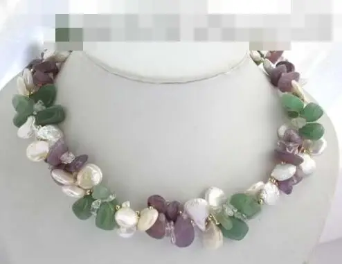 

3458 2strands white freshwater coin pearl amethyst jade necklace