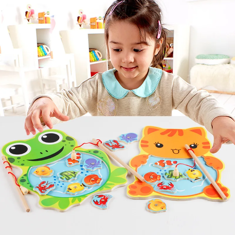 

Baby Fishing Toys Cute Magnetic Fishing Game Board Cartoon Frog Cat Jigsaw for Children Puzzle Wooden Toys MG41
