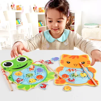 

Baby Fishing Toys Cute Magnetic Fishing Game Board Cartoon Frog Cat Jigsaw for Children Puzzle Wooden Toys MG41
