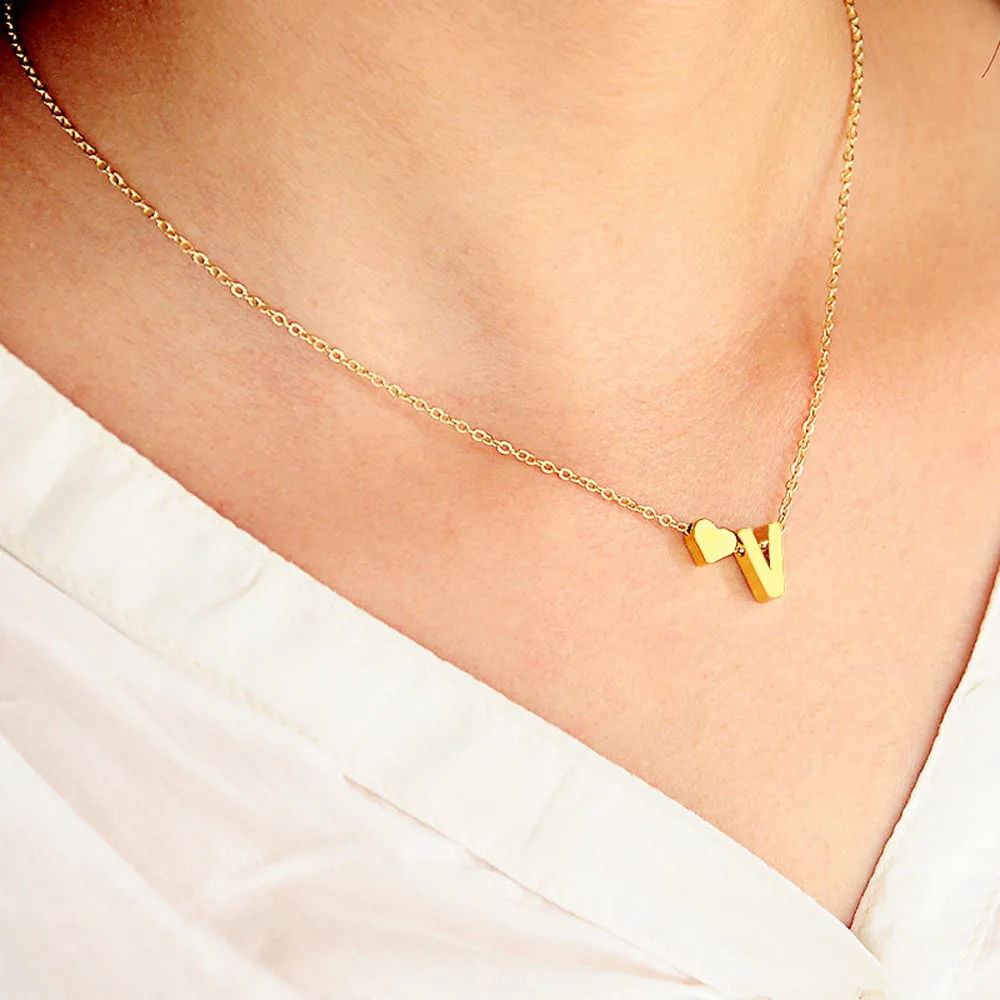 

Letter Necklace Women Gold Chain Stainless Steel Jewelry Choker Necklace Female Nameplate Heart Necklace Copper Boho Girlfriend