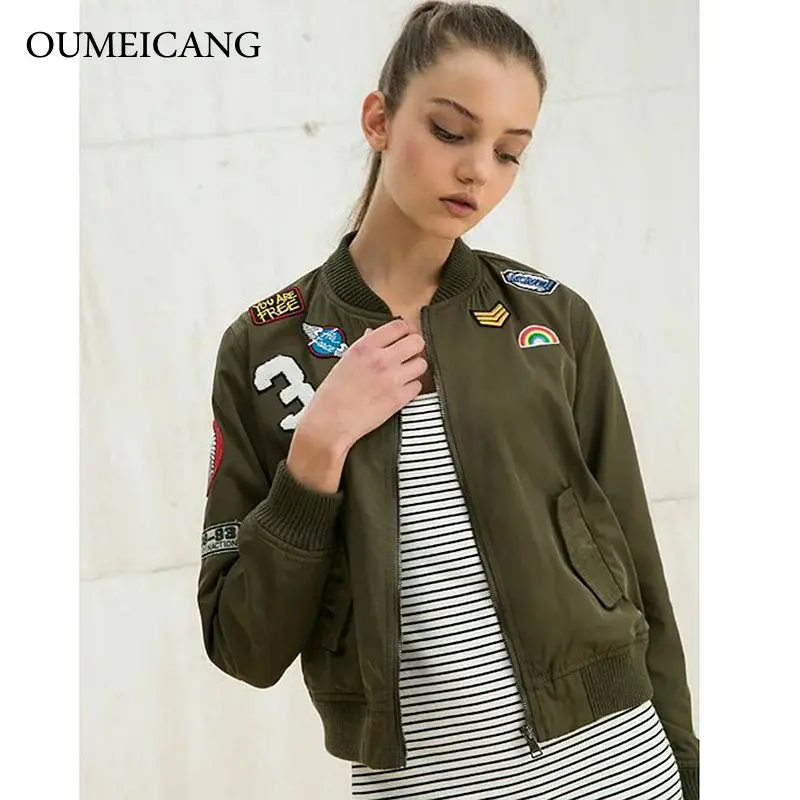 

New 2019 fashion embroidered patch women jacket coat female coat flight suit women bomber jacket Army Green casual jacket