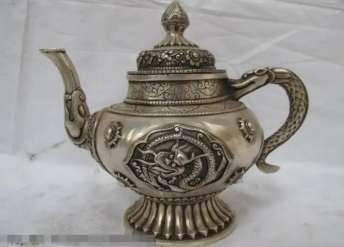 

9" Chinese Tibet Folk Silver Auspicious Symbol Dragon teapot Flagon wine pot
