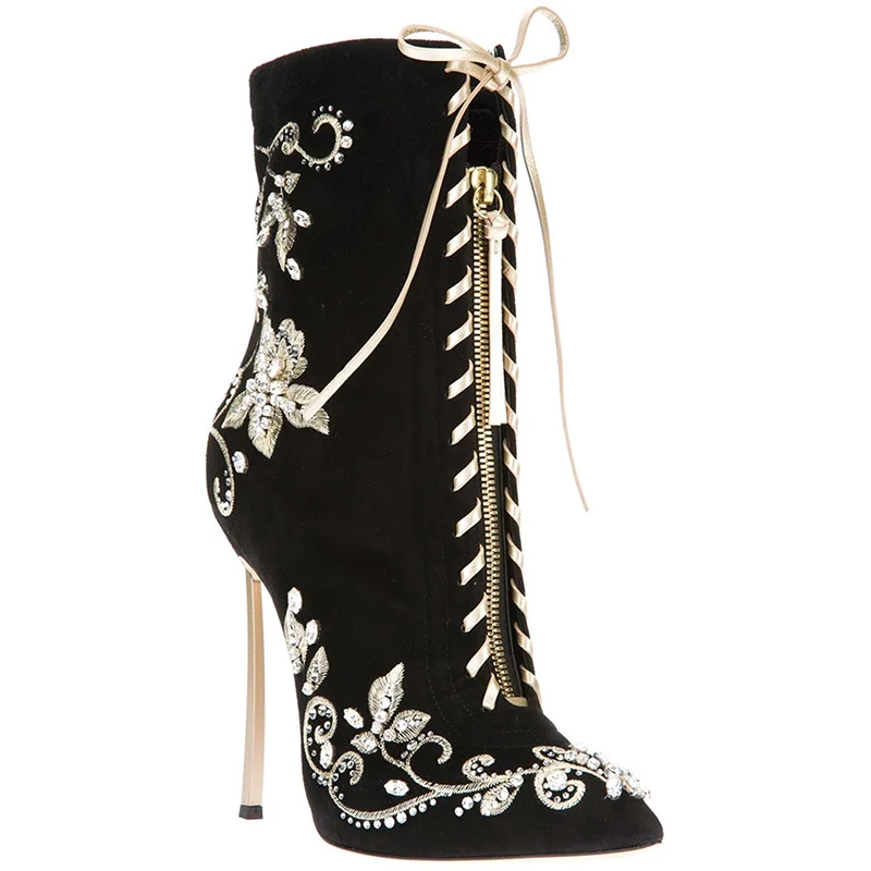 

Brand Black Suede Mid Ankle Boots Cross Lace Embroidery Flower Women's Shoes Flock Stiletto High Heels Designer Rhinestone Botas