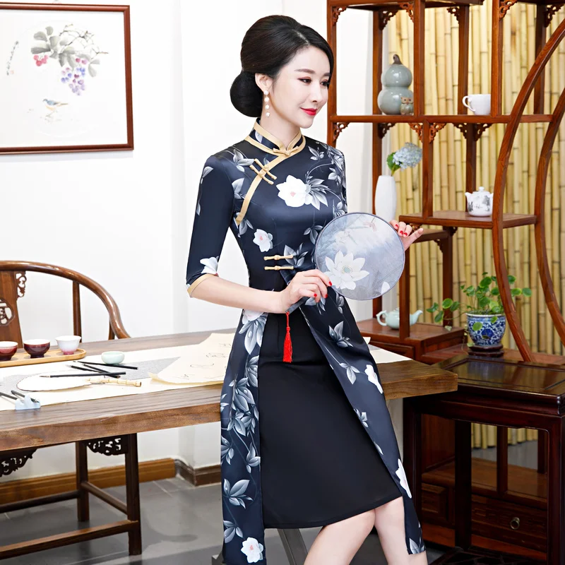 2019 Новый аозай Cheongsam Китайский длиной до колена платье Модные женские летние район Qipao тонкий Платья для вечеринок Vestido S-XXXL