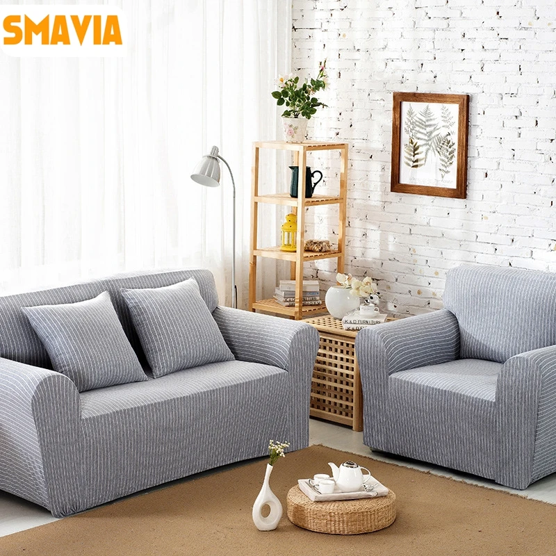 Smavia Grey Sofa Striped Sofa Cover 100 Cotton Elasticity Stretch Knit