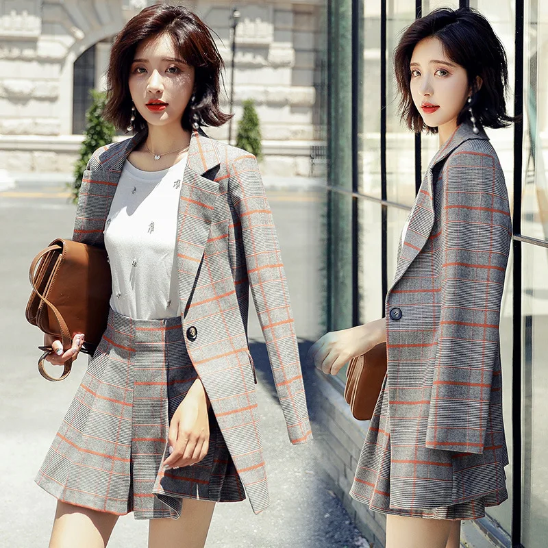 Female Set 2019 Spring and Autumn New Fashion Lady Two-piece Casual Slim Plaid Long Small Suit Jacket Half-length Mini Skirt