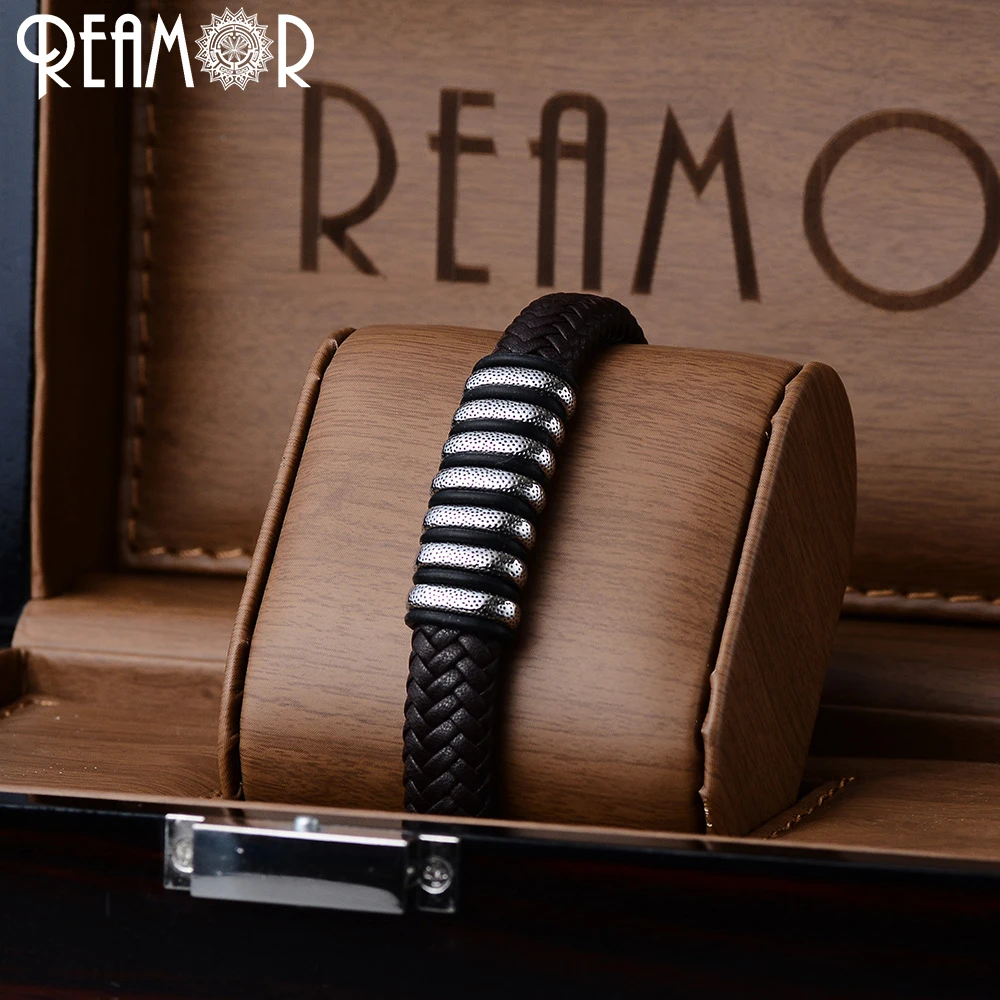 REAMOR Lucky Seven широкий плетеный кожаный веревочный мужской браслет 7 частей 316L из