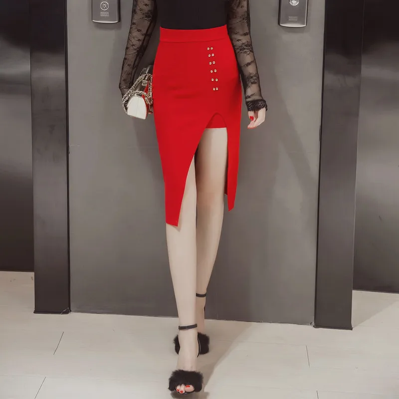 Midi Bodycon юбка-карандаш Высокая Талия Повседневное длинная юбка в пайетках 2019 Мода заклепки открытым Разделение офисные Для женщин OL юбки S-5XL