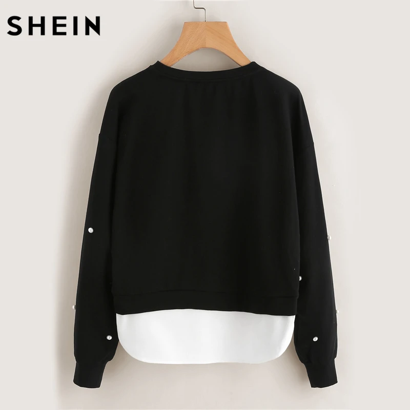 Billige SHEIN Sweatshirt Frau Perle Perlen 2 In 1 Sweatshirt Herbst Frauen Sweatshirt Schwarz Langarm Elegante Pullover