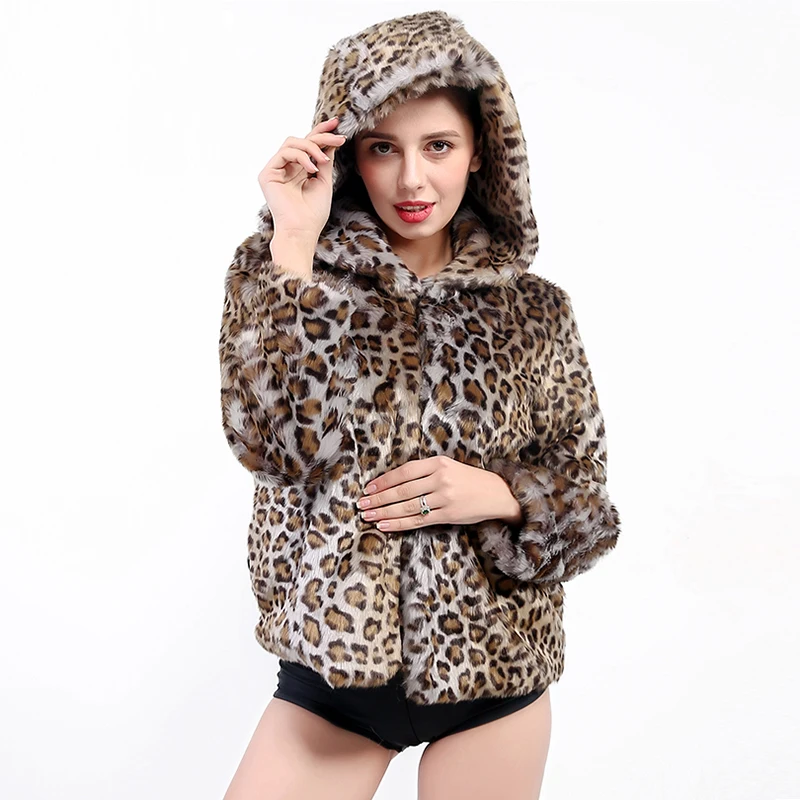 Buy 2018 Women Hooded Faux Fur Coat Leopard Thicken