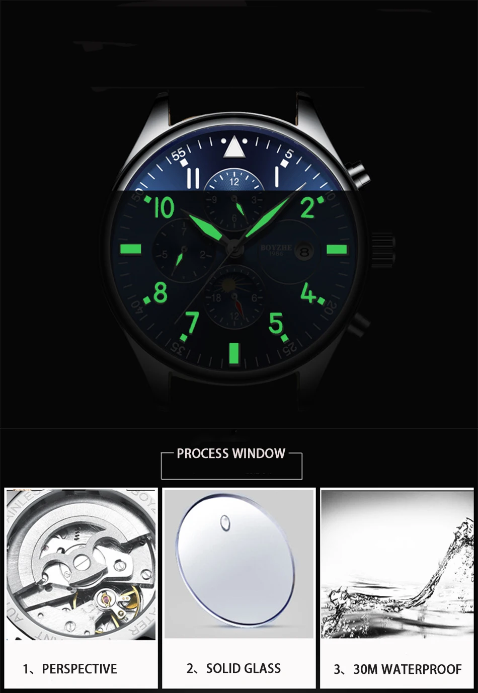 BOYZHE Роскошные Брендовые мужские автоматические механические часы из нержавеющей стали водонепроницаемые спортивные бизнес-часы Moon Phase Relogio Masculino