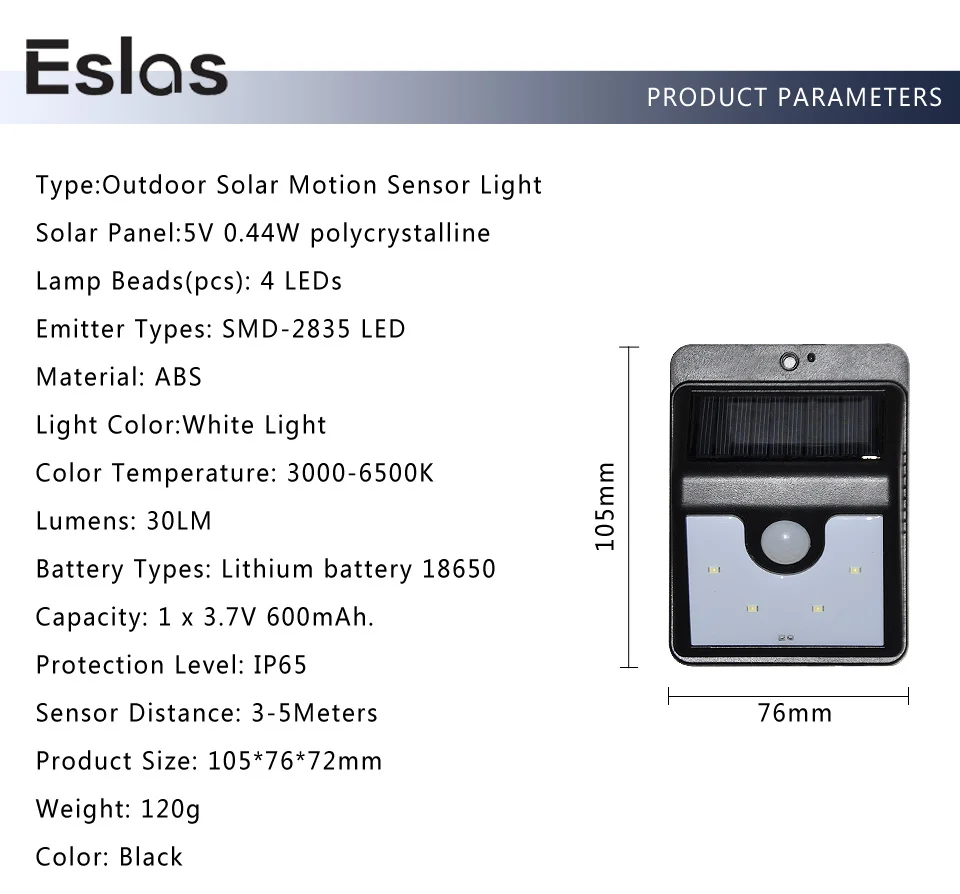 Eslas Солнечная лампа с датчиком движения перезаряжаемый светодиодный наружный садовый декор IP65 водонепроницаемый Ночной Настенный фонарь безопасности