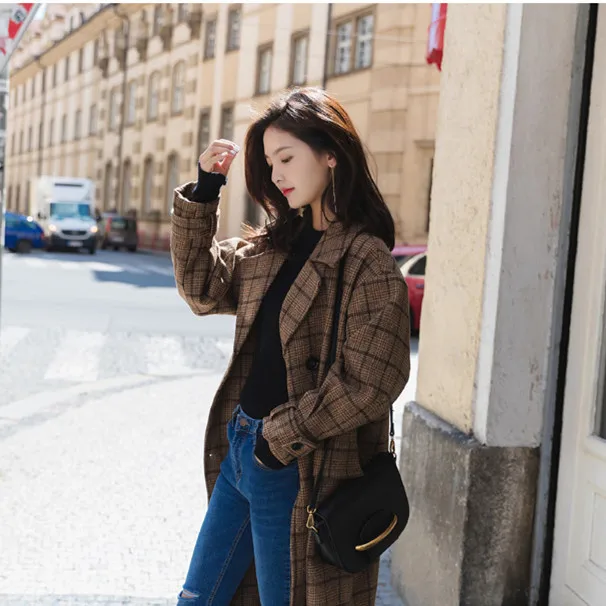 Vintage Plaids Clothes Loose Woollen Coat Women's New Checked Coat Baggy Silhouette Overcoat Tweeds Winter female Outerwear - Цвет: CAMEL