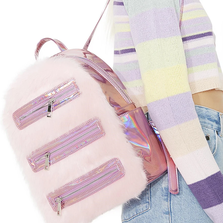 

Glossy Laser Jelly Women Backpack Plush Pink Shoulder Bags High Capacity Zipper Women Backpack Fashion Designer Lady Knapsack