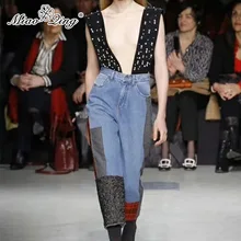 MIAOQING, зимние штаны с высокой талией, джинсы для женщин, Украшенные бусинами и жемчужинами, джинсовые комбинезоны, лоскутные Клетчатые Шерстяные Свободные женские джинсы с широкими штанинами