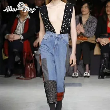 

MIAOQING 2018 Winter High Waist Pants Jeans Women Beaded Pearl Denim Overalls Patchwork Plaid Wool Loose Laides Wide Leg Jeans