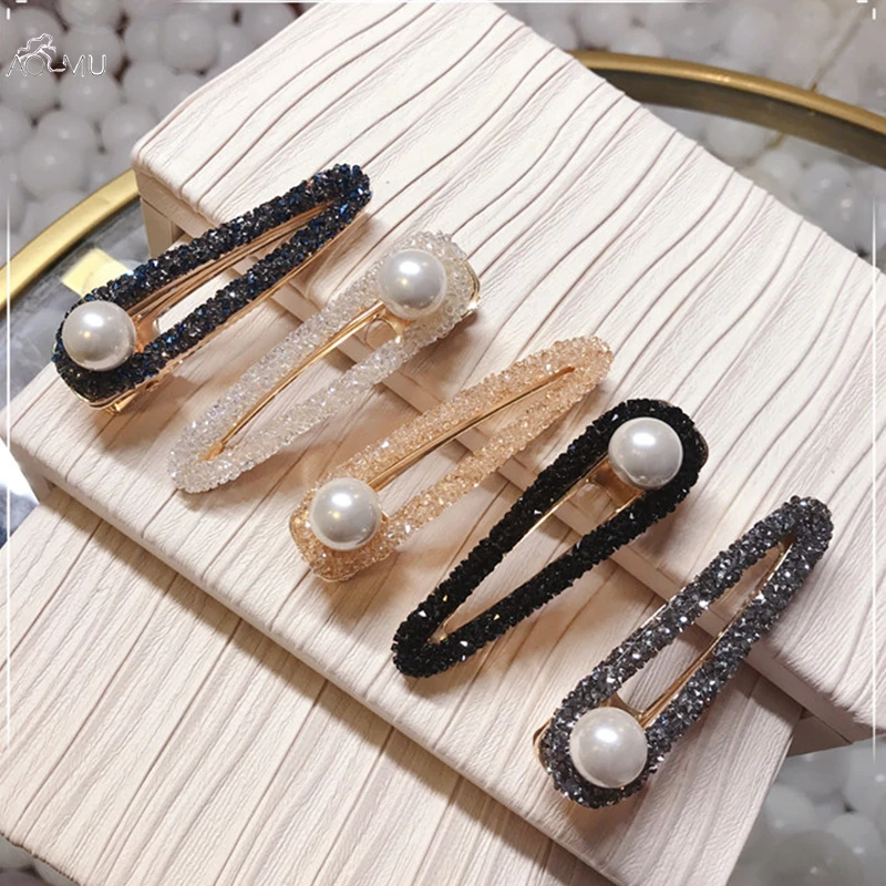 

AOMU Fashion Shiny Crystal Rhinestone Hollow Triangle Waterdrop Imitated-pearl Hairclips Barrettes Hair Accessories For Women