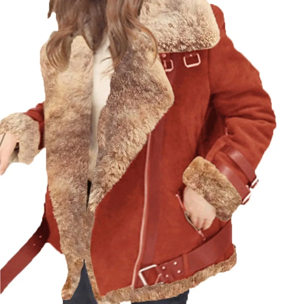 Women Suede Leather Jackets Female Faux Shearling Sheepskin Coats Autumn Winter Lambs Wool Short Motorcycle Coats Windbreaker