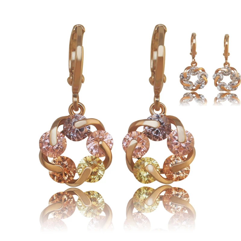 

2017 NEW 18 k Yellow Gold Color Lucky Rotating Earrings Drop Women Multicolor/Clear Europe Style High quality AAA+ Zircon