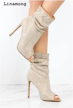 2018 Newest Fashion Boots leather Women Ankle Booties Peep Toe High Heels Shoes Small rivets with reflective tape Summer Boots 2018 Newest Fashion Boots leather Women Ankle Booties Peep Toe High Heels Shoes Small rivets with reflective tape Summer Boots
