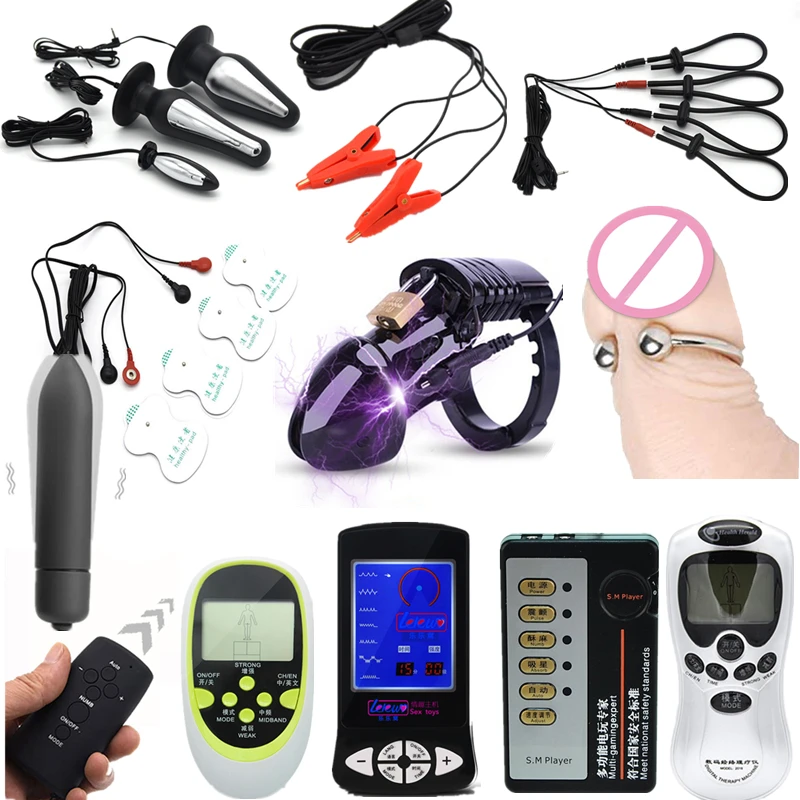 

BDSM Bondage Electric Shock Bullet Anal Plug Pulse Vibrator Electro Cock Cage Male Chastity Ring Device Nipple Clamps Sex Toys